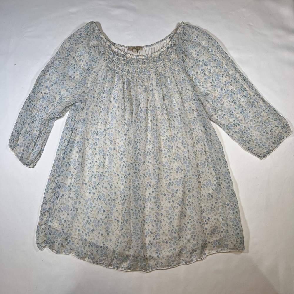 Vintage Giusy Silk Made In Italy Peasant Top Blue Floral Size L Boho Romantic
